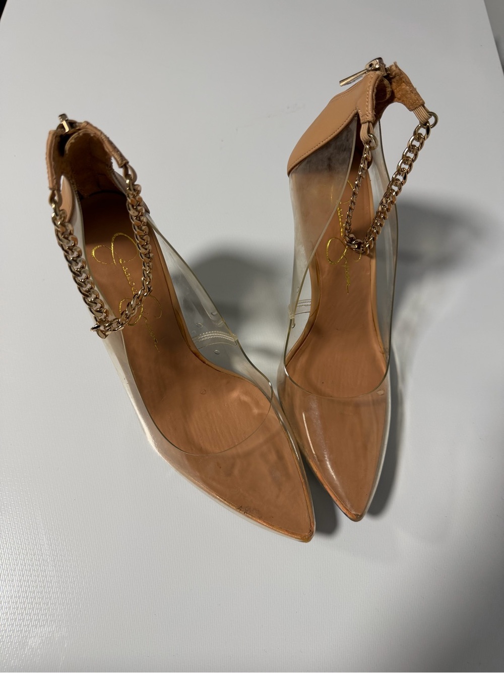 Clear Pointed Pump with Tan Accents and Gold Chain